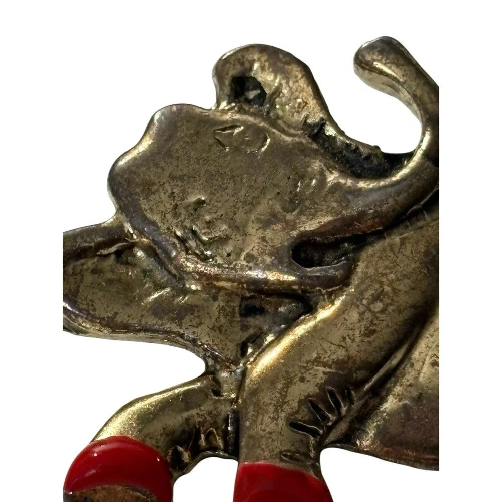 VTG Lazy Elephant Brooch Pin Gold Tone Red Enamel Shoes Figural Unique MCM Funny